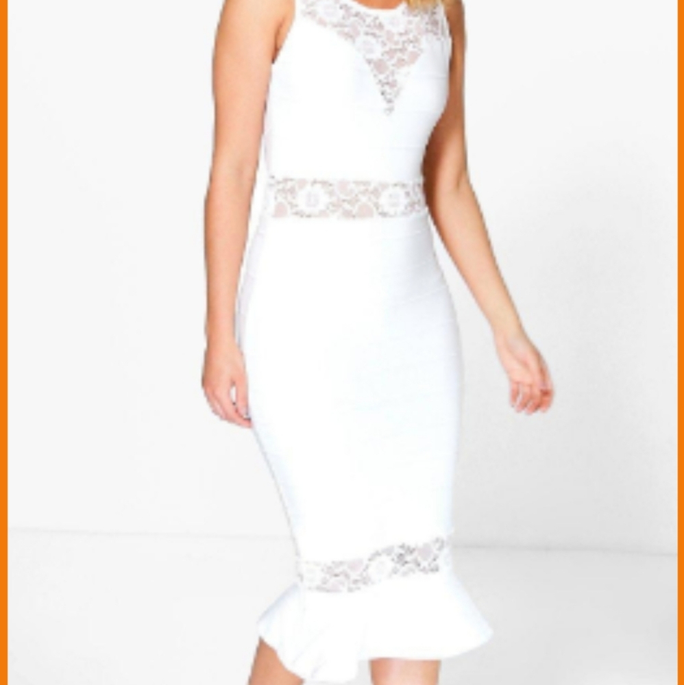 Boohoo US4 "Ivory" Leah Bandage Lace Insert Frill Hem Midi Dress, Never Worn.